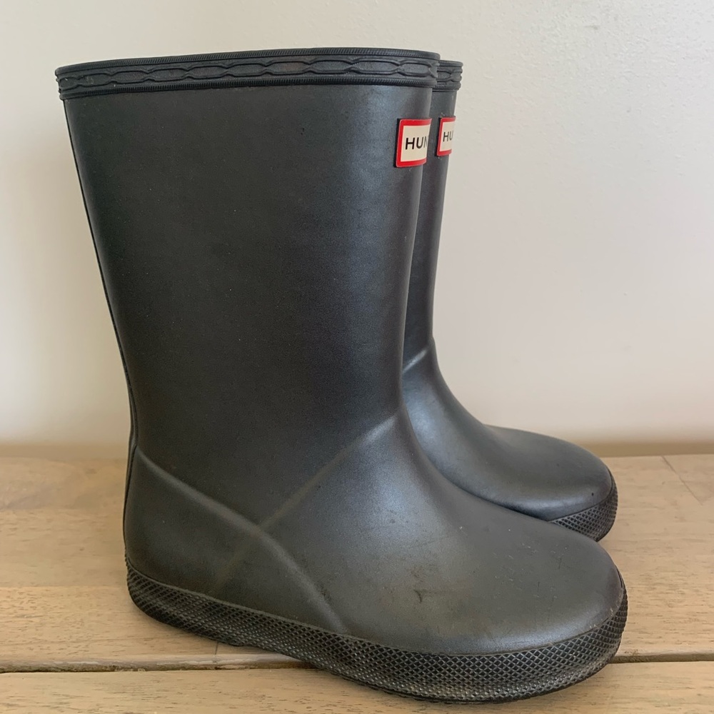Hunter Black Kids Rain Boots with Red Logo